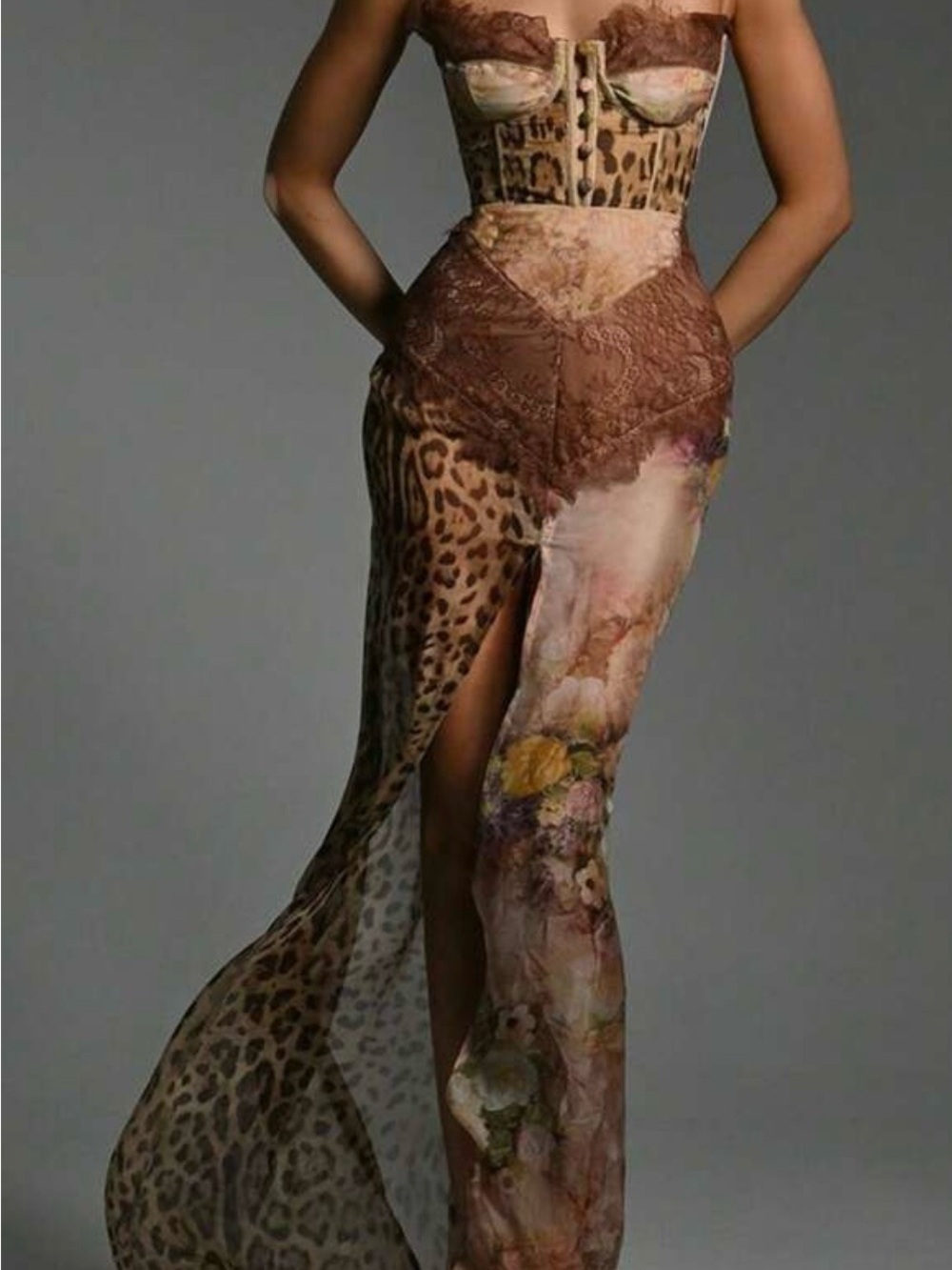 Leopard & Floral Lace High-Slit Bustier Dress